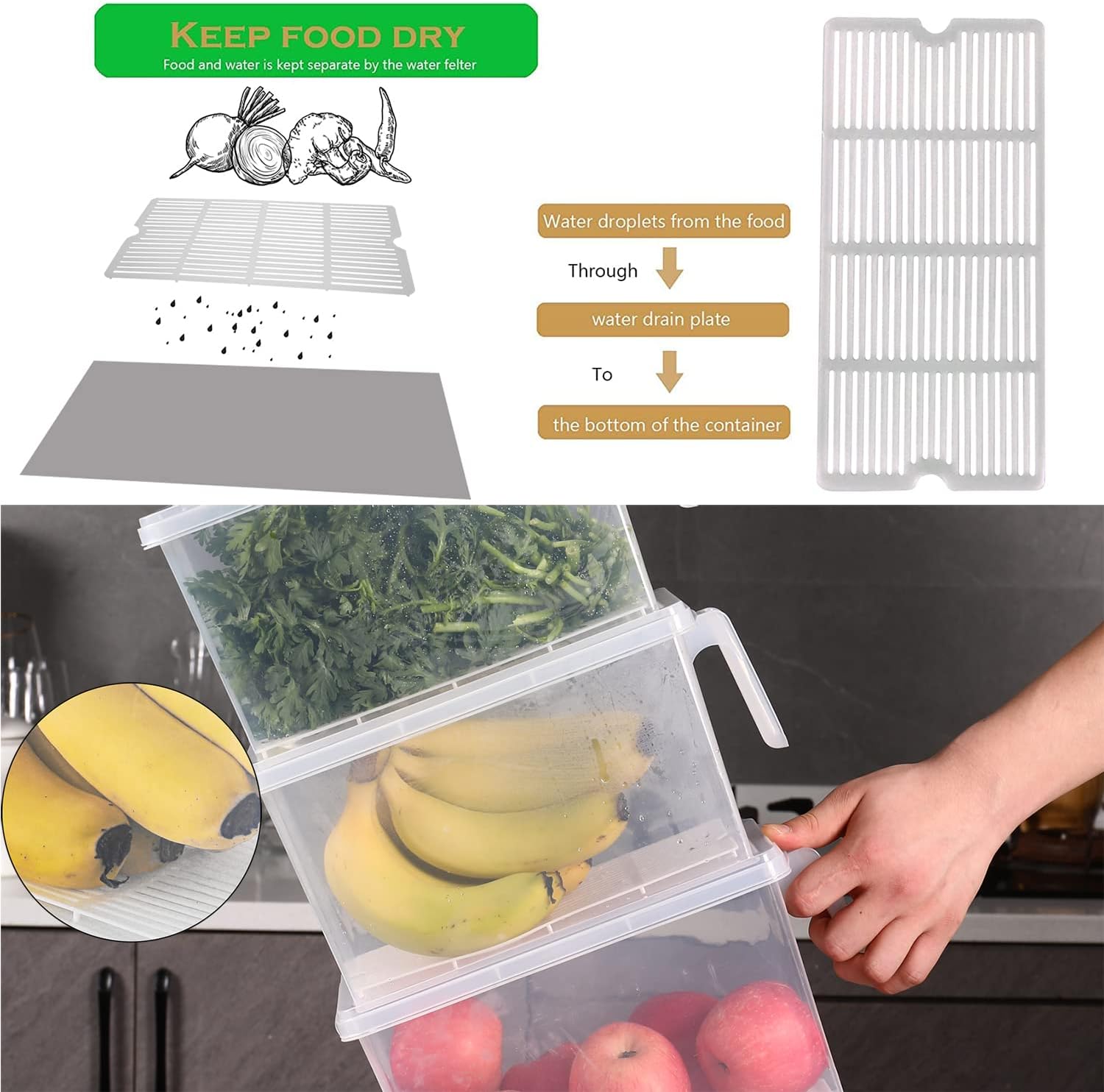 Sooyee Produce Saver Containers for Refrigerator with Drain Tray, 5L x 4 Stackable Fruit Storage Containers
