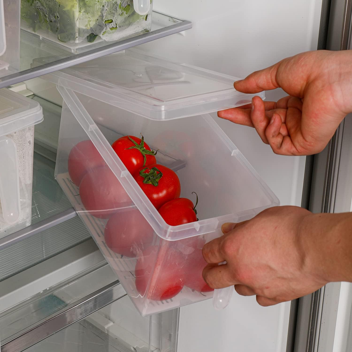 Sooyee Produce Saver Containers for Refrigerator with Drain Tray, 5L x 4 Stackable Fruit Storage Containers
