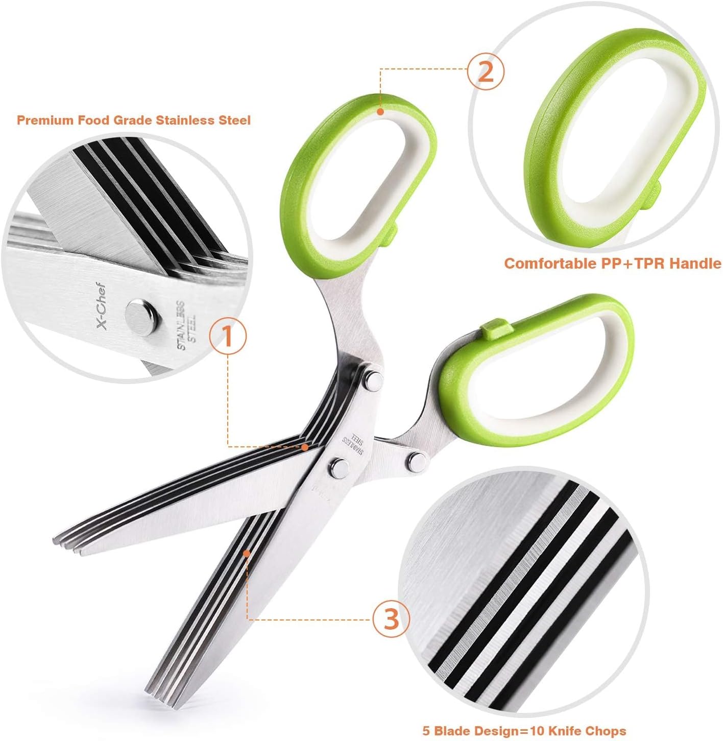 Herb Scissors, X-Chef Multipurpose 5 Blade Kitchen Herb Cutter